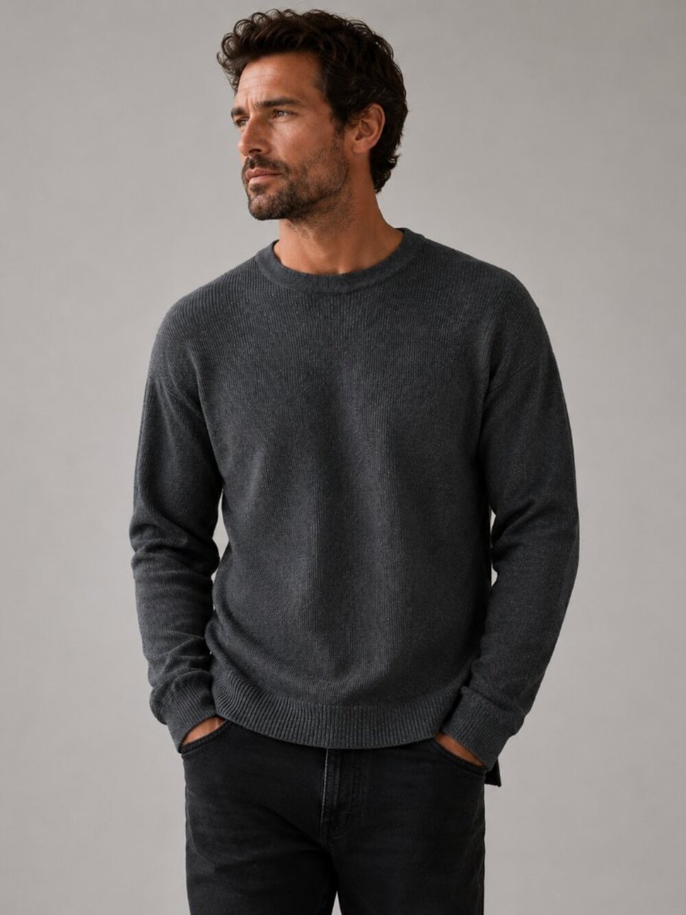 River Stone Rib Knit Crewneck Sweater In Charcoal Gray Size Large